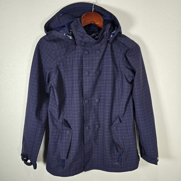 REI Madrona Jacket‎ Women's Medium Hooded Purple Plaid Snaps Zipper Pocket - Picture 1 of 13
